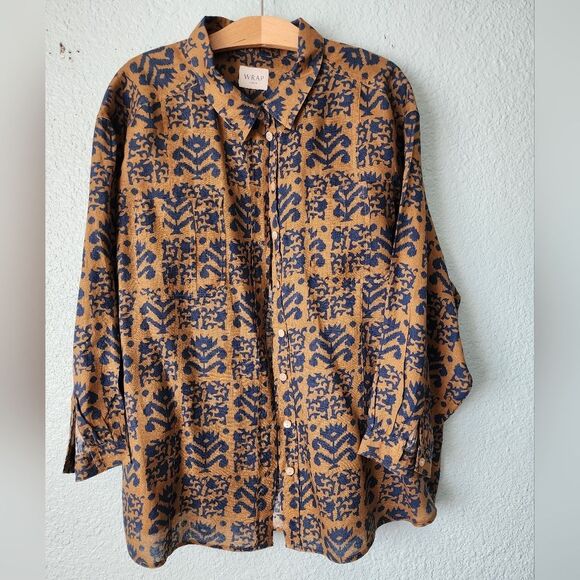 Wrap London Linen Green and Blue Abstract Blouse - Picture 1 of 10